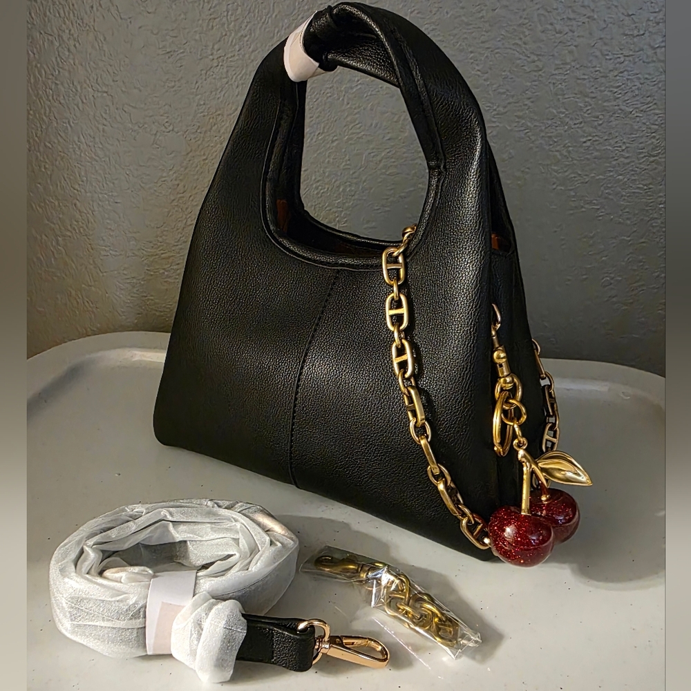 Women's Top Handle Satchel Crossbody Bag Handbag W/ Cherry Charm & Gold Chain